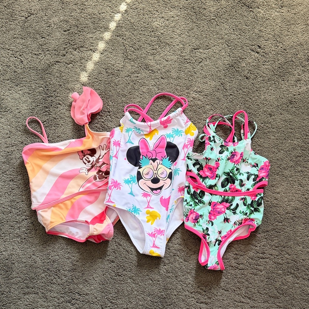 Girls Minnie Mouse Pink & Floral One-Piece Swimsuit Trio